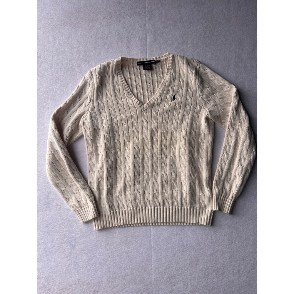 Ralph Lauren Cream Cable-Knit V-Neck Sweater with Pony Logo